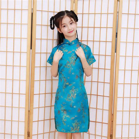 Chinese Japanese Asian Childrens Blue Girls Gold Dragons Qipao ...