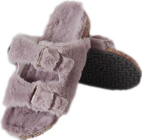 Saralis Women's Furry Slippers Fur Slippers Fuzzy Slides Two Buckle Slides Sandals Cork Footbed ...