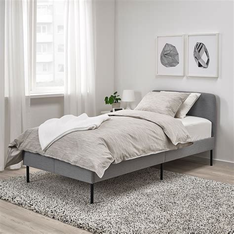 IKEA SLATTUM Knisa Light Gray Upholstered bed frame in 2020 | Upholstered beds, Upholstered bed ...