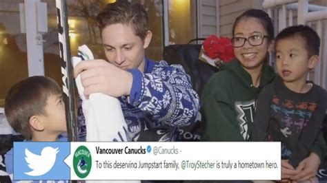 Canucks' Troy Stecher surprises a family with new sets of hockey ...