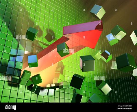 A big red arrow is breaking a cube wall. Digital illustration Stock ...