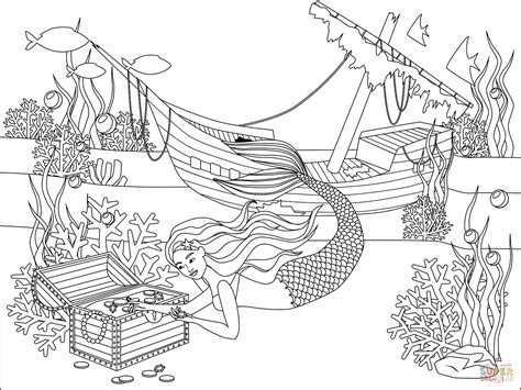 Mermaid Wrecked Ship Underwater Treasure coloring page | Free Printable Coloring Pages