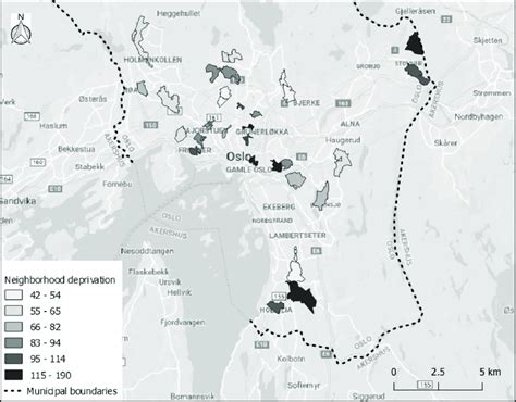 Map of Oslo showing the case neighborhoods and their deprivation levels. | Download Scientific ...