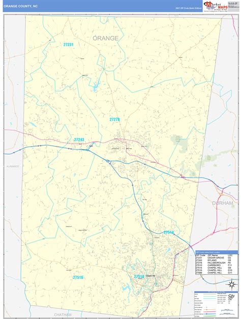 Orange County, NC Zip Code Wall Map Basic Style by MarketMAPS