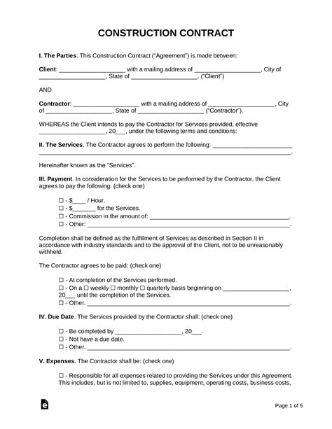 Free Construction Contract Template | Sample - PDF | Word – eForms