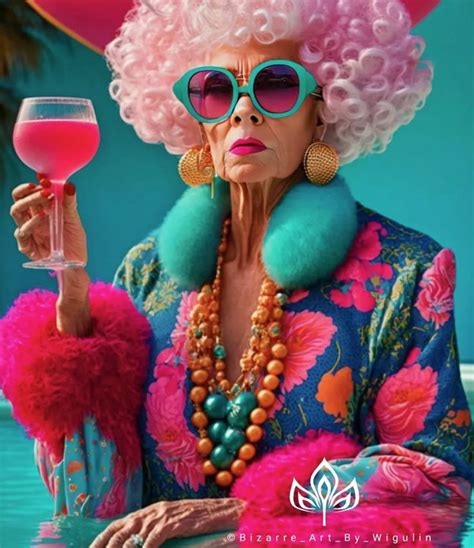 an older woman with pink hair and sunglasses holding a wine glass