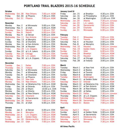 Blazer Printable Schedule