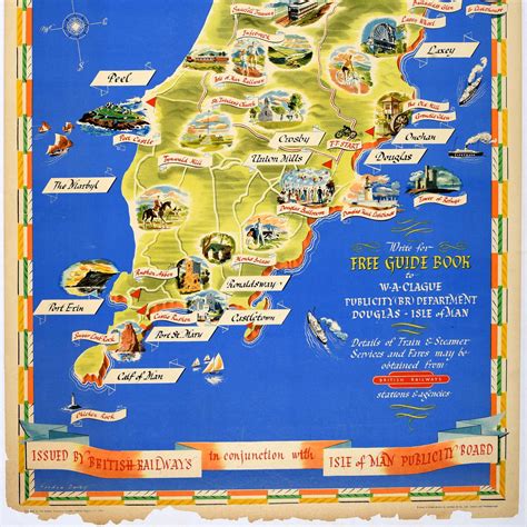 Original Vintage Train Travel Map Poster Isle Of Man British Railways UK Manx For Sale at 1stDibs