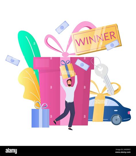 Happy man, lucky prize winner with gift box, flat vector illustration ...