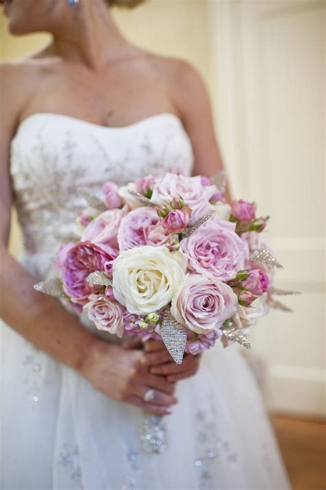 romantic rose bridal bouquet pink ivory with crystals | OneWed.com