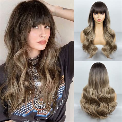 BOGSEA Wig with Bangs Ombre Dark Blonde Wig Long Wavy Wigs for Women Synthetic Wavy Dark Blonde ...