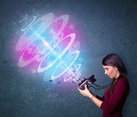 Photographer Girl Making Photos with Powerful Light Beam Stock Image - Image of circle, lights ...