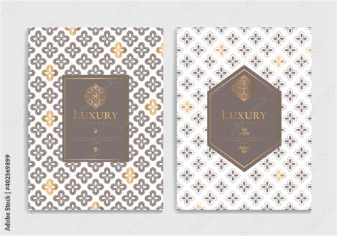 Invitation card design with beige pattern and decorative golden elements. Luxury vector template ...