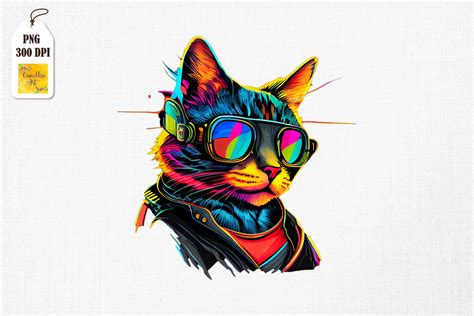 Cyberpunk Colorful Cat Art By Mulew Art | TheHungryJPEG