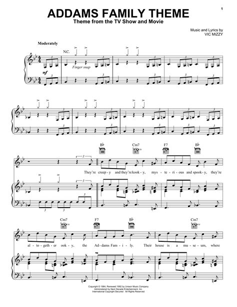 Vic Mizzy The Addams Family Theme $5.99 Easy Piano Sheet Music, Violin Sheet Music, Song Sheet ...