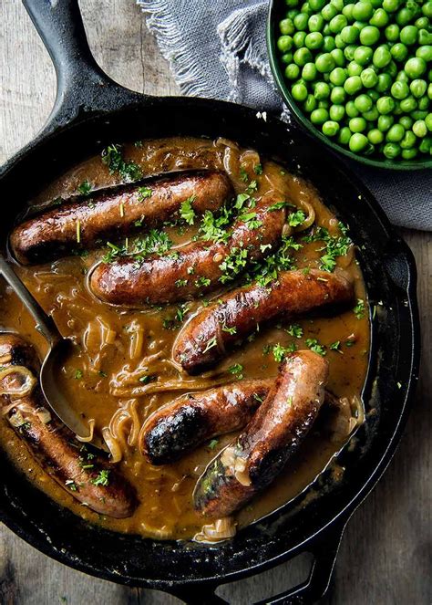 Bangers And Mash Sausage With Onion Gravy | simplyrecipes