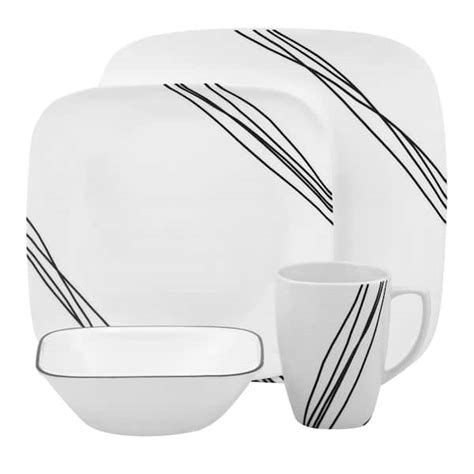 Corelle Square 16-Piece Contemporary Black Diagonal Lines Glass Dinnerware Set (Service for 4 ...