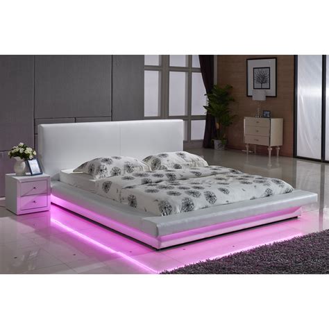 White Leather with LED Decoration Strip Light Contemporary Platform Bed ...