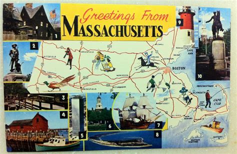 Vintage Greetings Postcard Ma Map 10 Massachusetts Landmarks