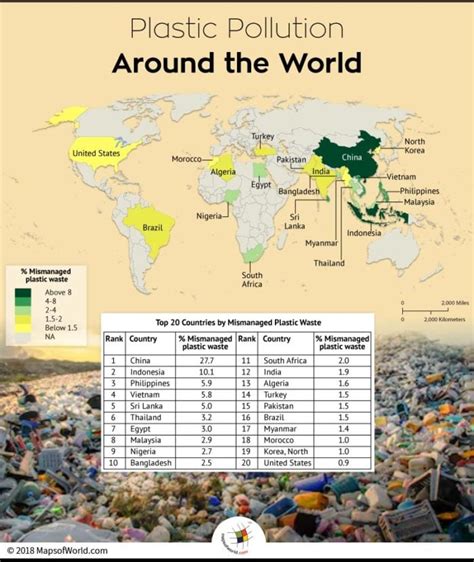 World map depicting top 20 countries contributing to plastic pollution - Answers