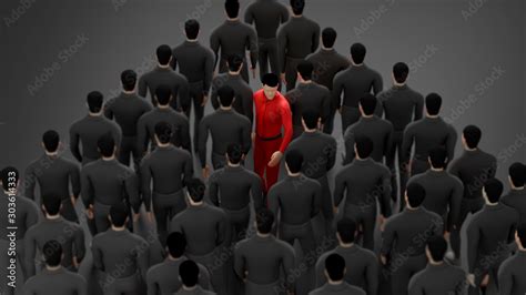 one human standing out from the crowd. The red man Walking through the ...