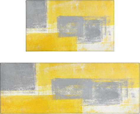 Yellow Kitchen Rug Mat Set of 2 Modern Abstract Art Painting Kitchen Rugs Washable Non-Slip ...