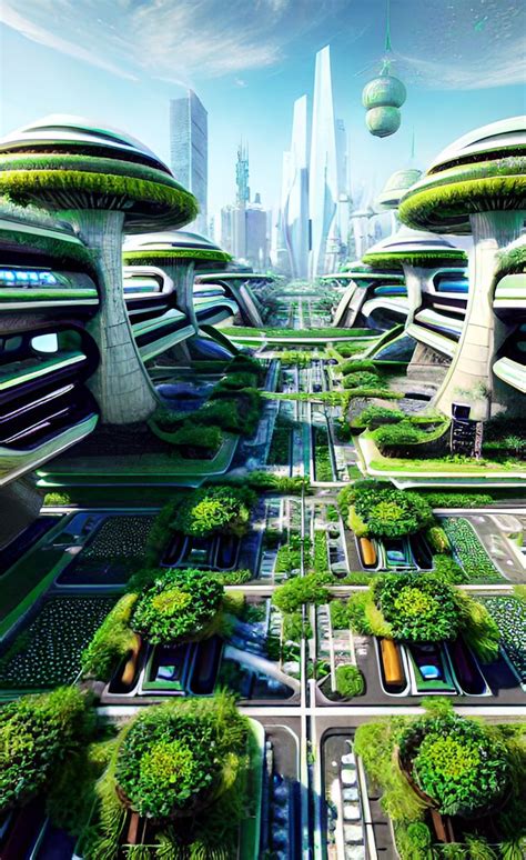 futuristic city with green trees and buildings