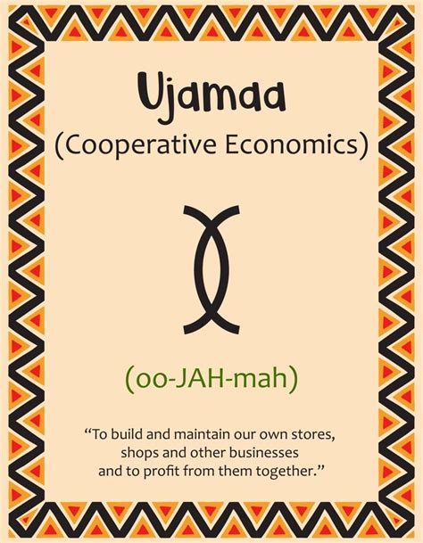 A card with one of the Kwanzaa principles. Symbol Ujamaa means Cooperative Economics in Swahili ...