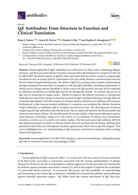 (PDF) IgE Antibodies: From Structure to Function and Clinical Translation