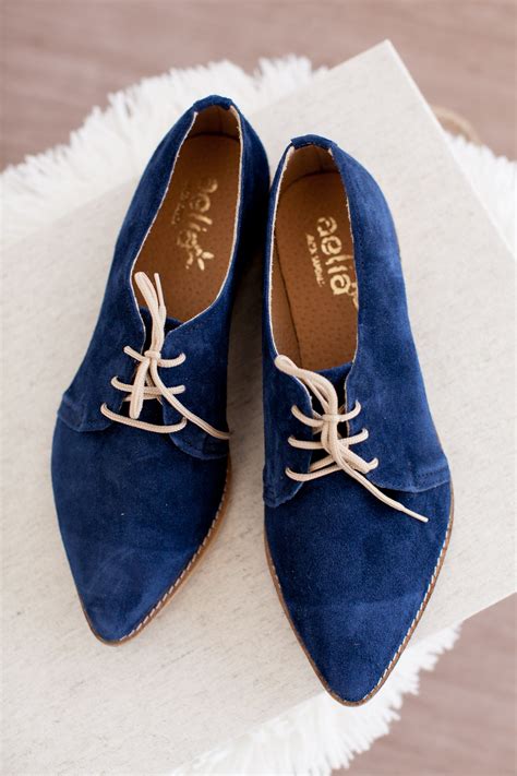 Blue Oxfords Women Shoes .Stylish Flat Suede Leather Shoes. Pointed Toe Ties Oxford Shoes