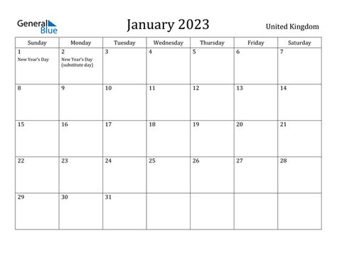 January 2023 Calendar with United Kingdom Holidays