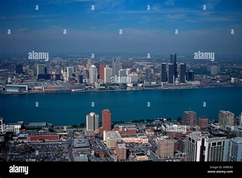 Aerial view of Detroit Michigan skyline and Windsor Canada Stock Photo ...