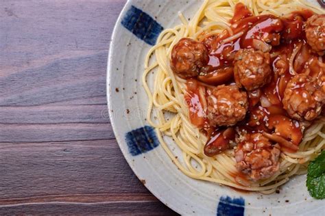 Spaghetti with Pork and Beef Meatballs Stock Photo - Image of brunch ...