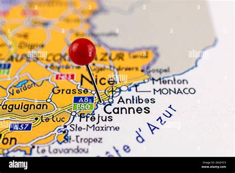 Cannes map. Close up of Cannes map with red pin. Map with red pin point ...