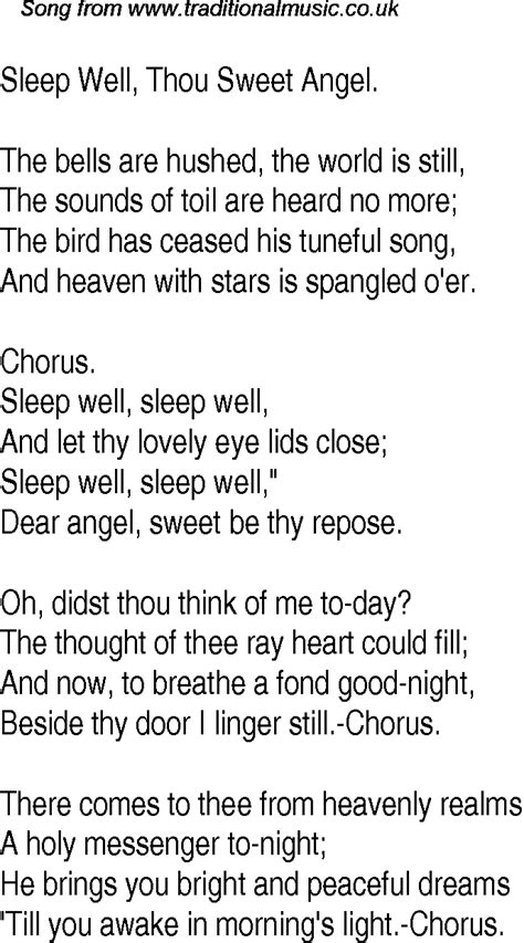 Old Time Song Lyrics for 15 Sleep Well, Thou Sweet Angel