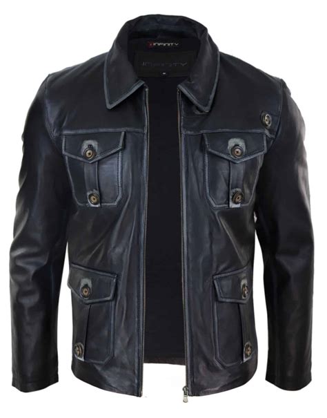 Mens Black Leather Jacket with Racing Stripes - Black Color | Happy Gentleman