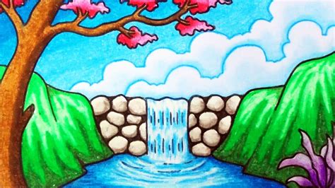 Scenery Drawing | How to Draw Beautiful Waterfall Scenery with Oil Pastels - YouTube