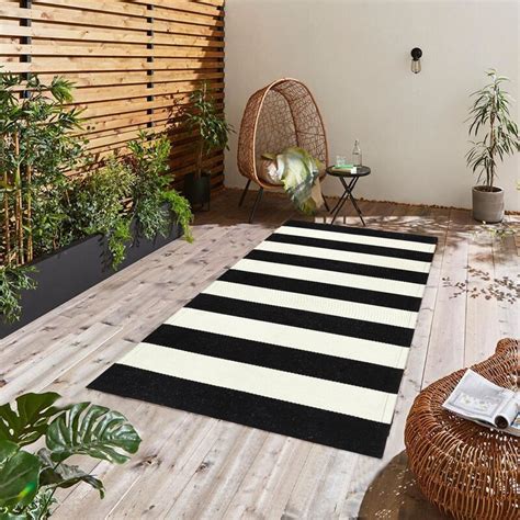 Gracie Oaks Farmhouse Woven Plaid Black And White Striped Outdoor Area Rugs Runner & Reviews ...