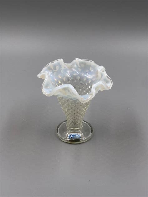 Vintage Fenton Art Glass Hobnail Clear Opalescent Crimped Ruffled Vase ...