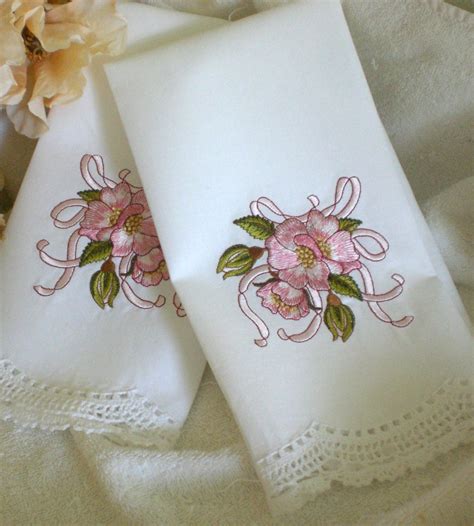 Linen Hand Towels Pink Briar Rose Design by familytraditions110