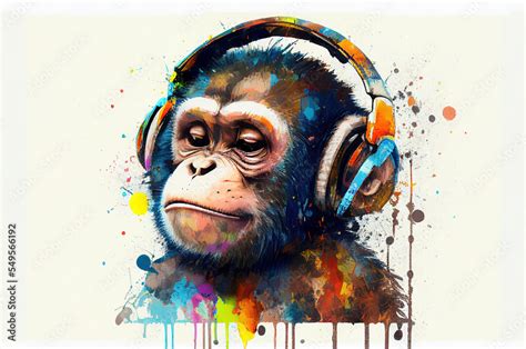 Cool monkey with headphones listening music, colorful paints smudges, spatter. generated sketch ...