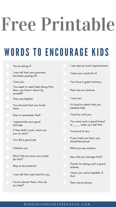 Positive words to encourage kids. A list of phrases in a FREE PRINT to ...