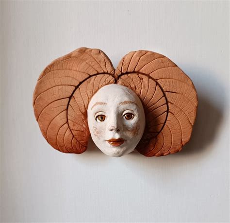 Autumn Leaves Original Handmade Ceramic White Mask Sculpture Portrait Face Woman Folk Clay Decor ...