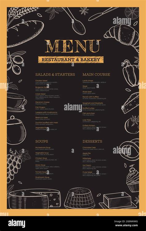 Restaurant and bakery menu template. Hand drawn vector food illustration on chalkboard black ...