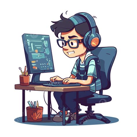 Coder Clipart Boy Working With Computer Game On The Desk Vector, Computer Clipart, Game Clipart ...