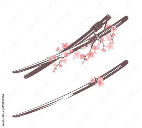 traditional samurai katana sword with scabbard among sakura blossom ...