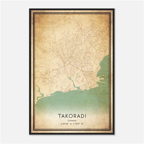 Vintage Takoradi Ghana Map Poster, Takoradi City Road Wall Art Print ...