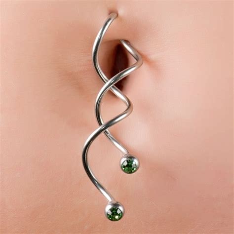 Super Spiral Twisted Dangle Belly Button Ring w/ Green CZ Gems Our Price: $9.99 | Belly button ...