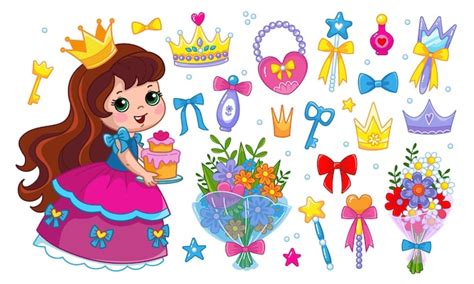 Premium Vector | A little princess in a pink fluffy dress is holding a cake Set of accessories ...