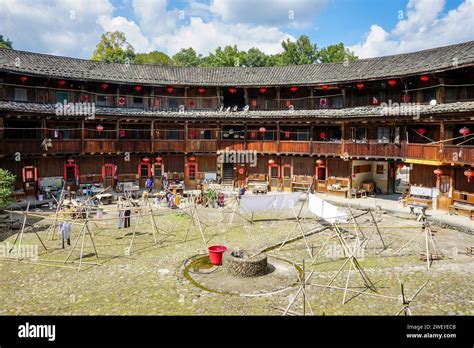 Vernacular Tulou buildings made of rammed earth and timber in Hekeng Village of Shuyang Town ...